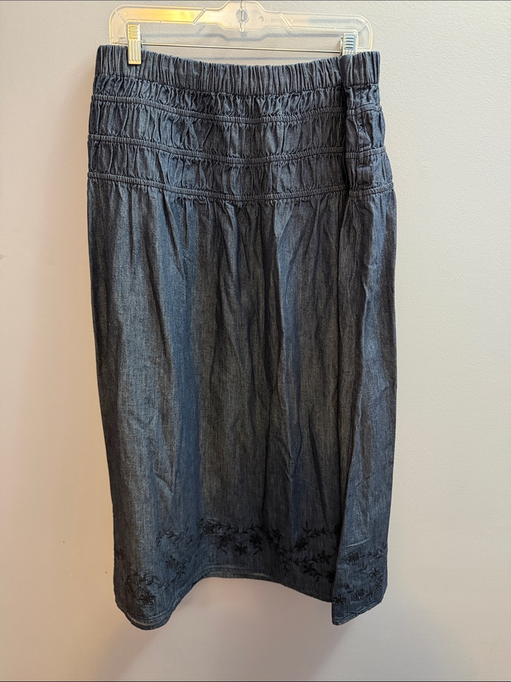 Smocked Waist Charcoal Midi Skirt with Embroidered Hem